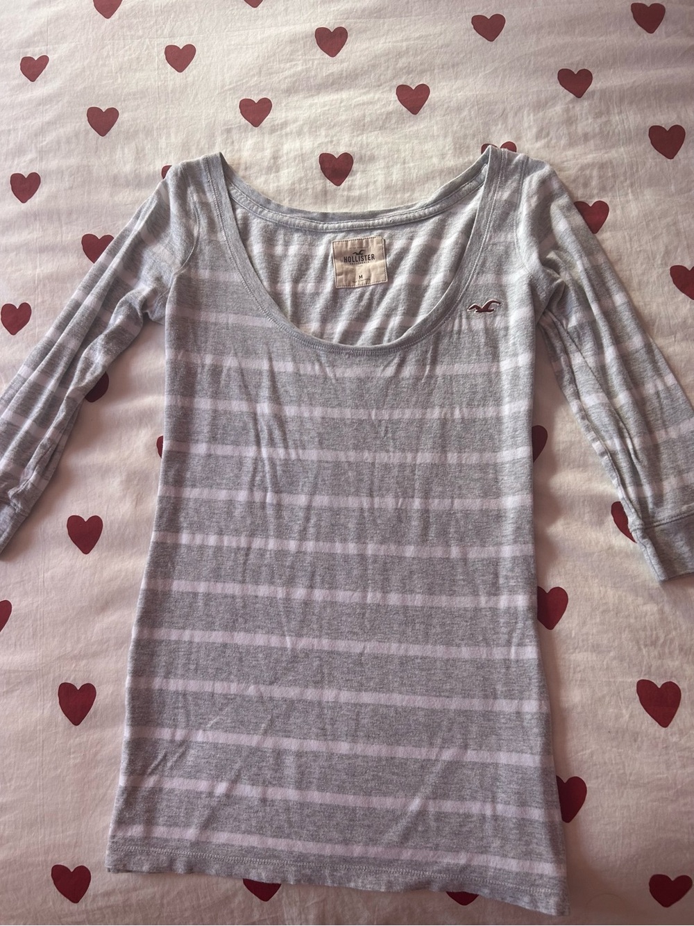 Hollister Light Gray & White Striped Scoop Neck Long Sleeve Tee